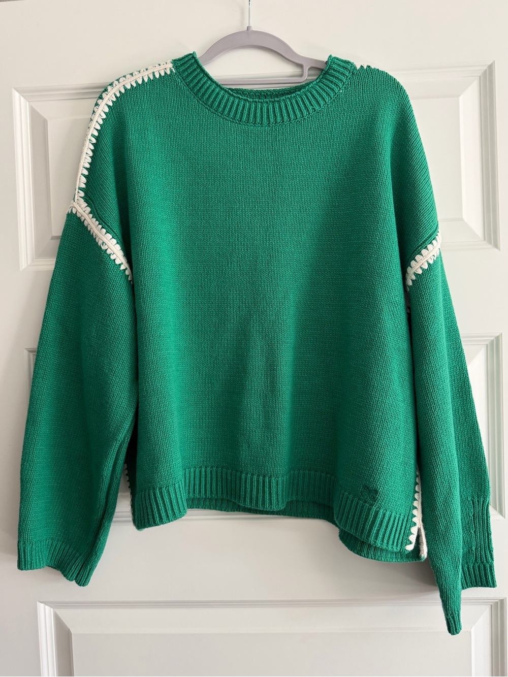 Maeve Green Crewneck Sweater with White Stitch Detail